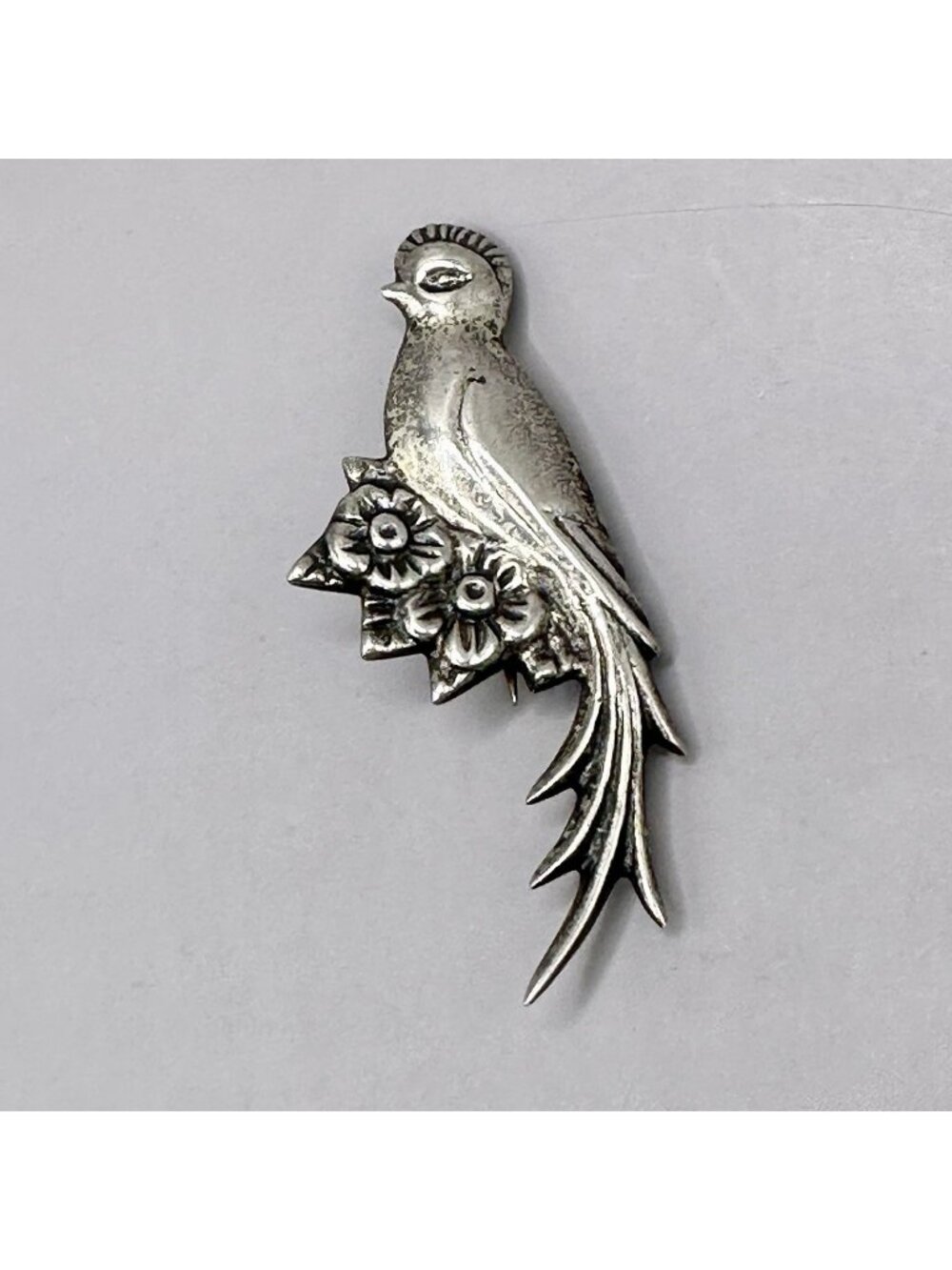 Bird On Flower Brooch Old Casted C Clasp Sterling Silver Signed Mexico Pin 925